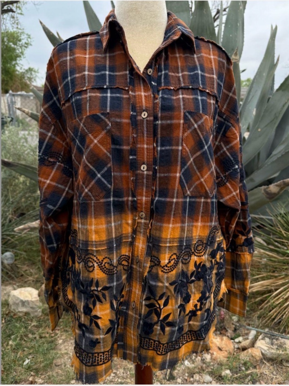Oli & Hali Plaid Ombré Embroidered Button Shirt Top Boho